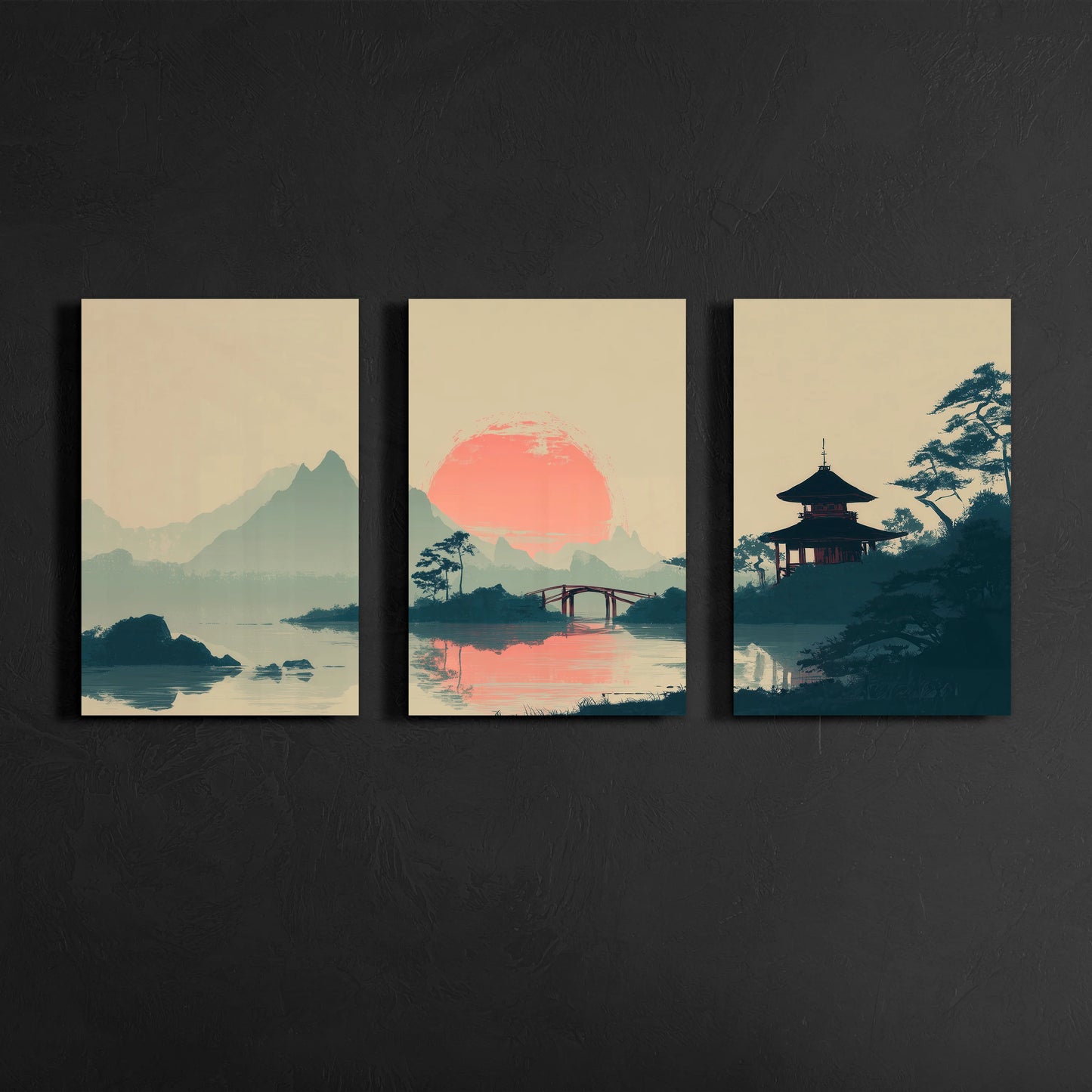 japanese landscape wall art triptych with red sun and pagoda displayed on dark gallery wall
