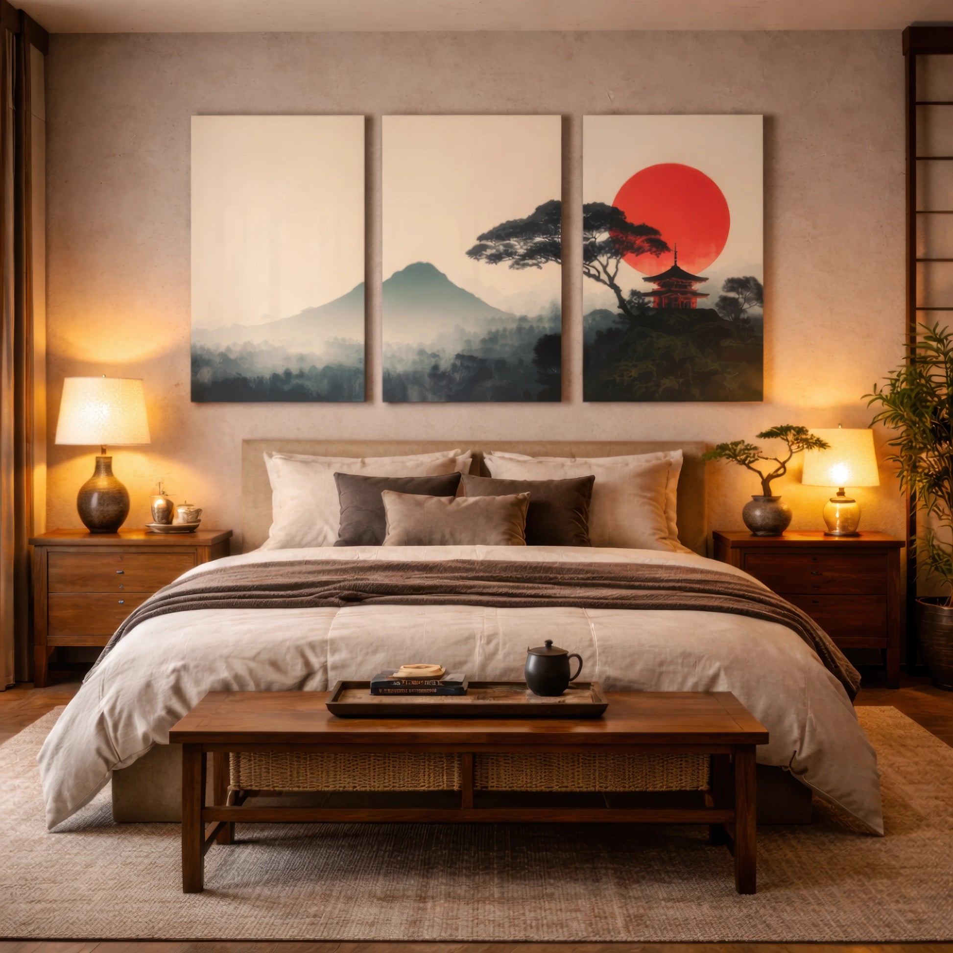 japanese mountain sunrise triptych wall art displayed above bed in warm japandi bedroom interior