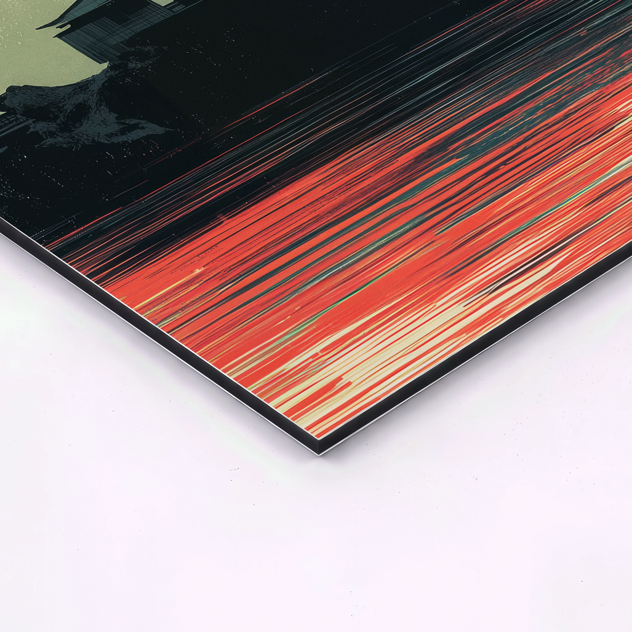 close corner detail of japanese red sun pagoda landscape artwork printed on aluminum panel showing metal edge