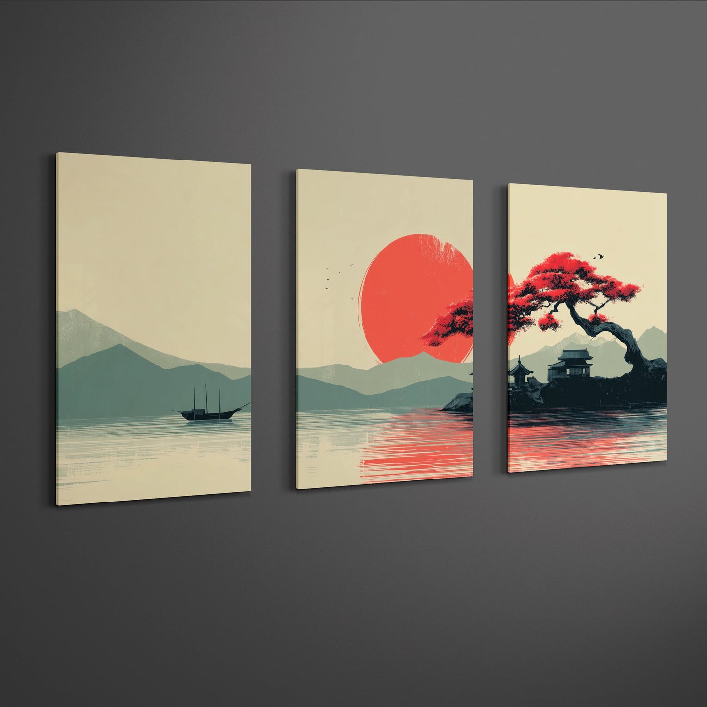angled perspective of japanese red sun pagoda landscape triptych wall art panels