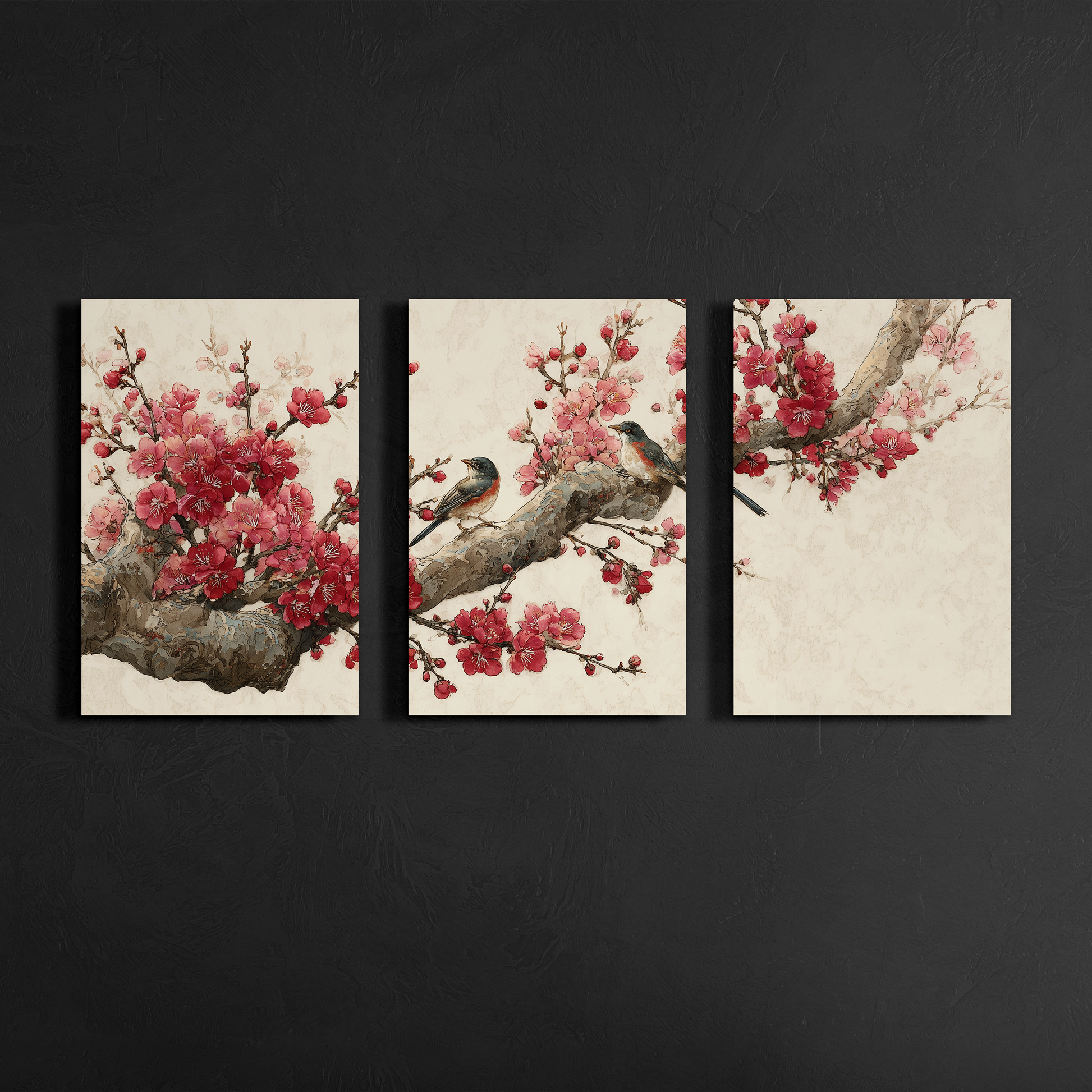 japanese sakura birds branch triptych wall art mounted on dark textured gallery wall