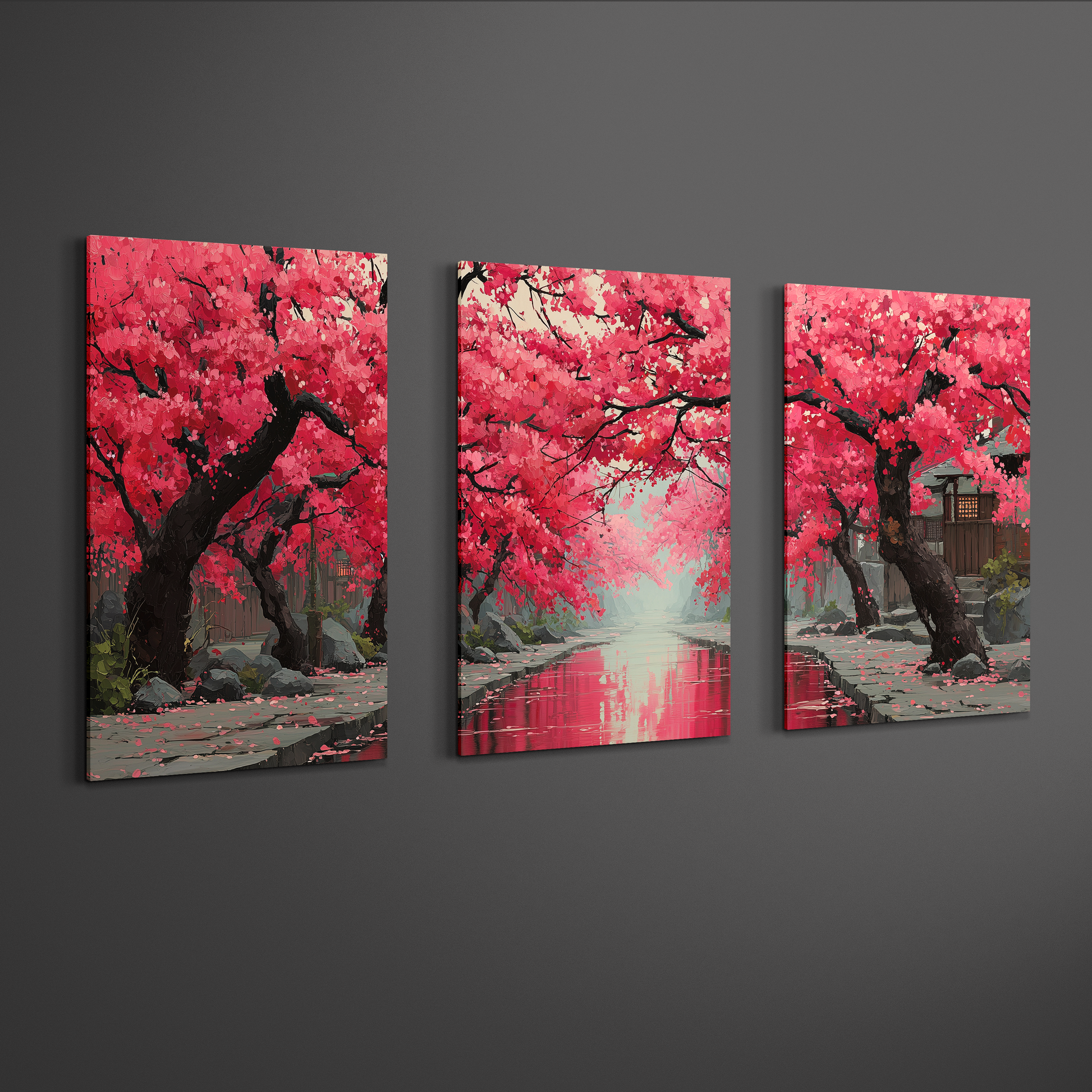 angled gallery view of japanese sakura canal triptych wall art panels showing depth and spacing