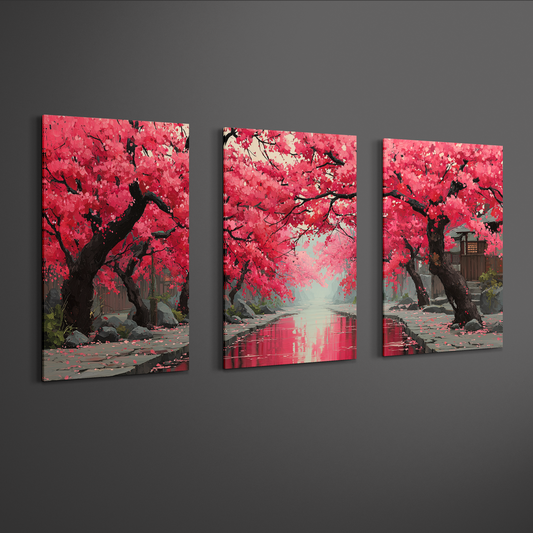 angled gallery view of japanese sakura canal triptych wall art panels showing depth and spacing