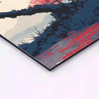 close up corner perspective of japanese sakura landscape aluminum print triptych showing thin metal panel edge