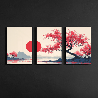 japanese sakura landscape triptych wall art mounted on dark textured gallery wall
