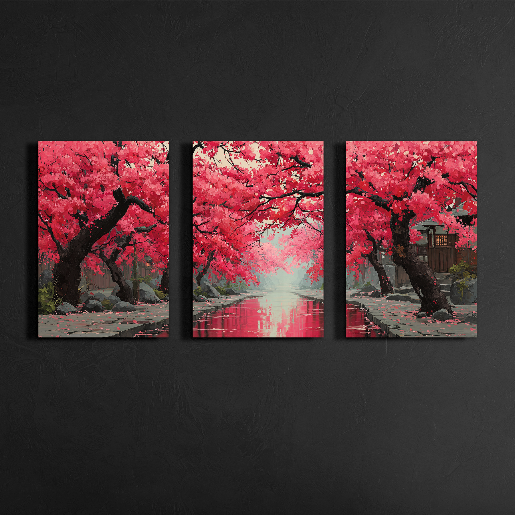 japanese sakura river landscape triptych wall art mounted on dark textured gallery wall