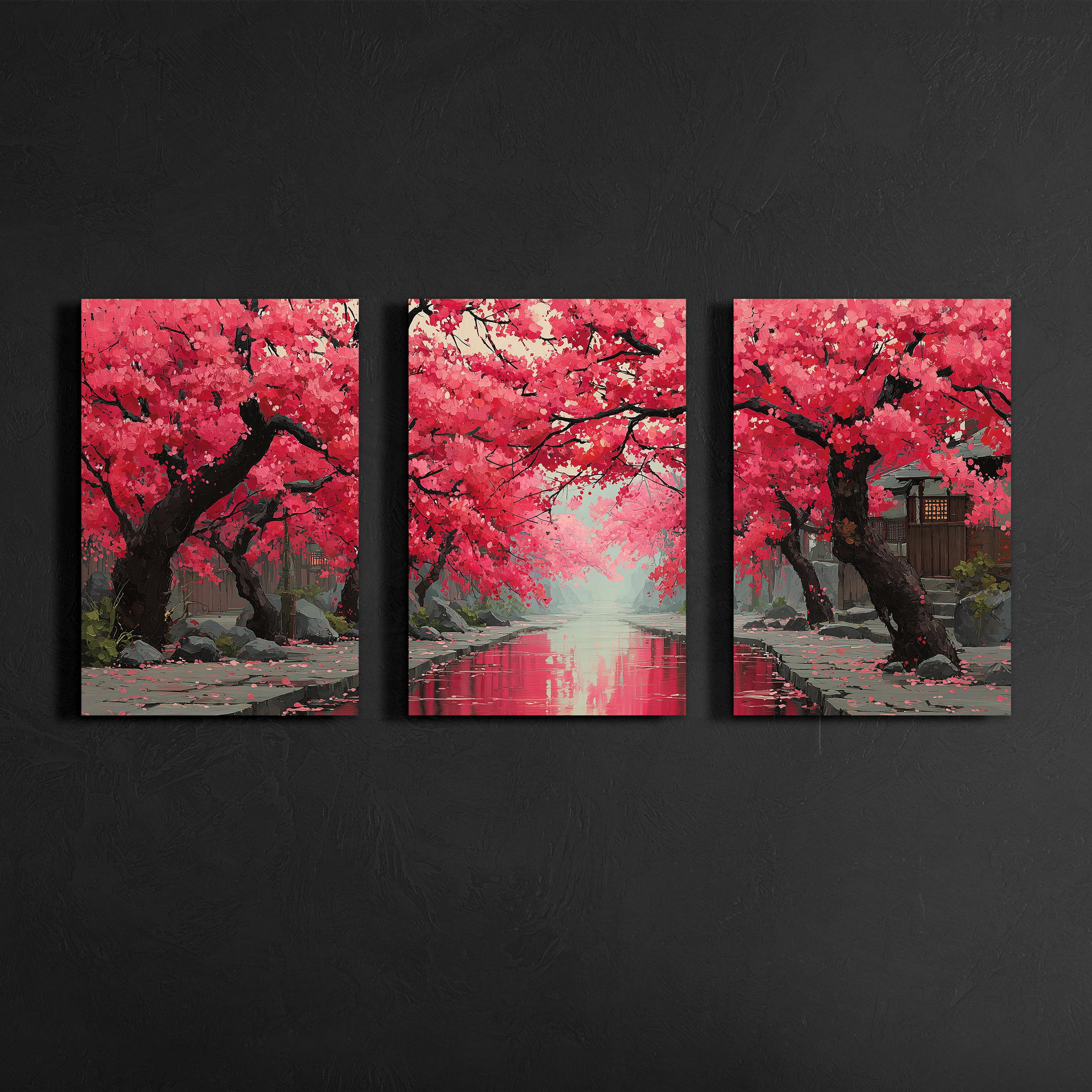 japanese sakura river landscape triptych wall art mounted on dark textured gallery wall