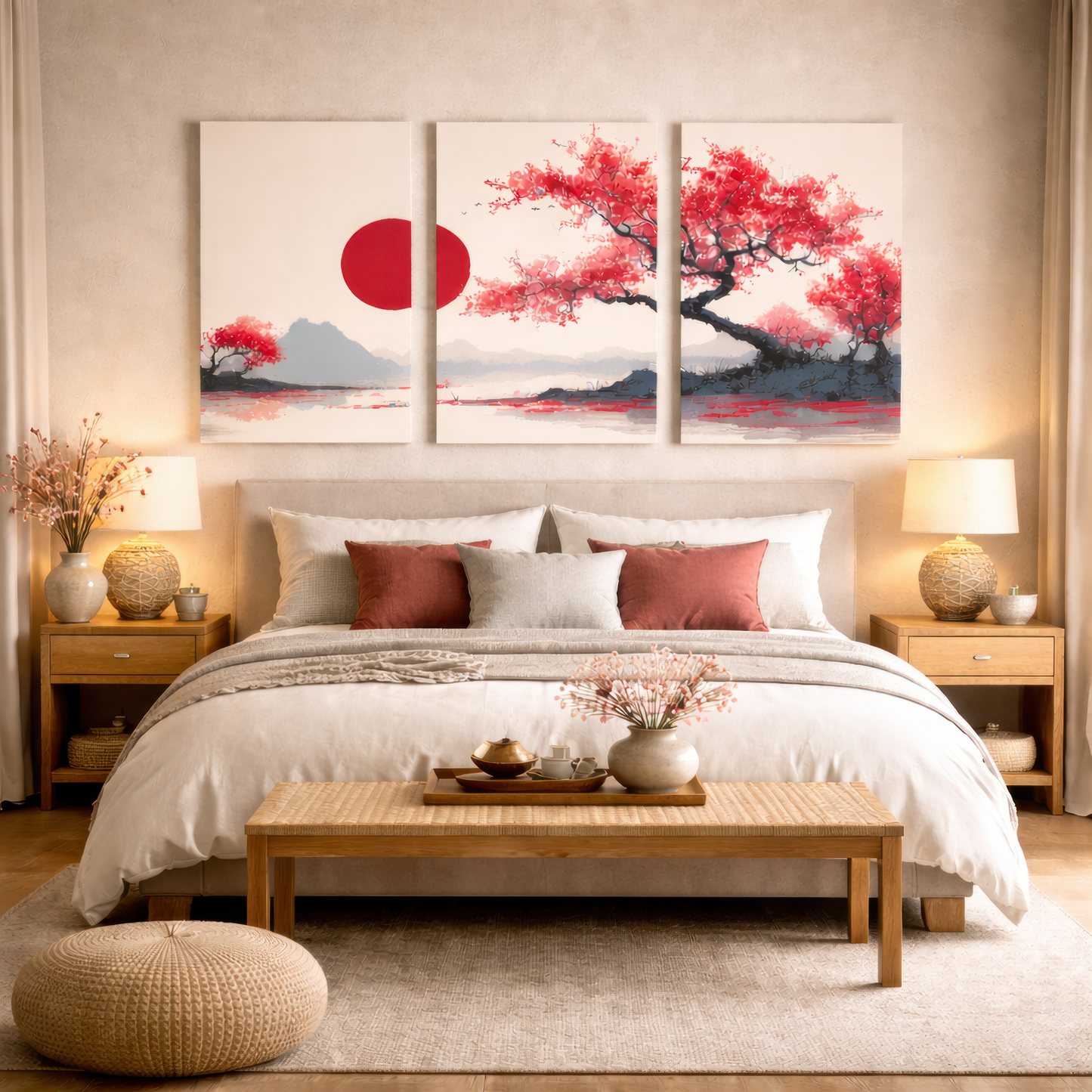 japanese sakura sunrise triptych wall art displayed above bed in warm japandi style bedroom interior