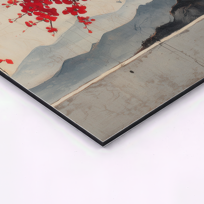 close up corner view of japanese sakura sunset triptych aluminum wall art panel showing thin metal edge