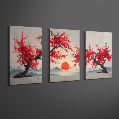 angled perspective view of japanese sakura sunset triptych wall art panels showing spacing and depth
