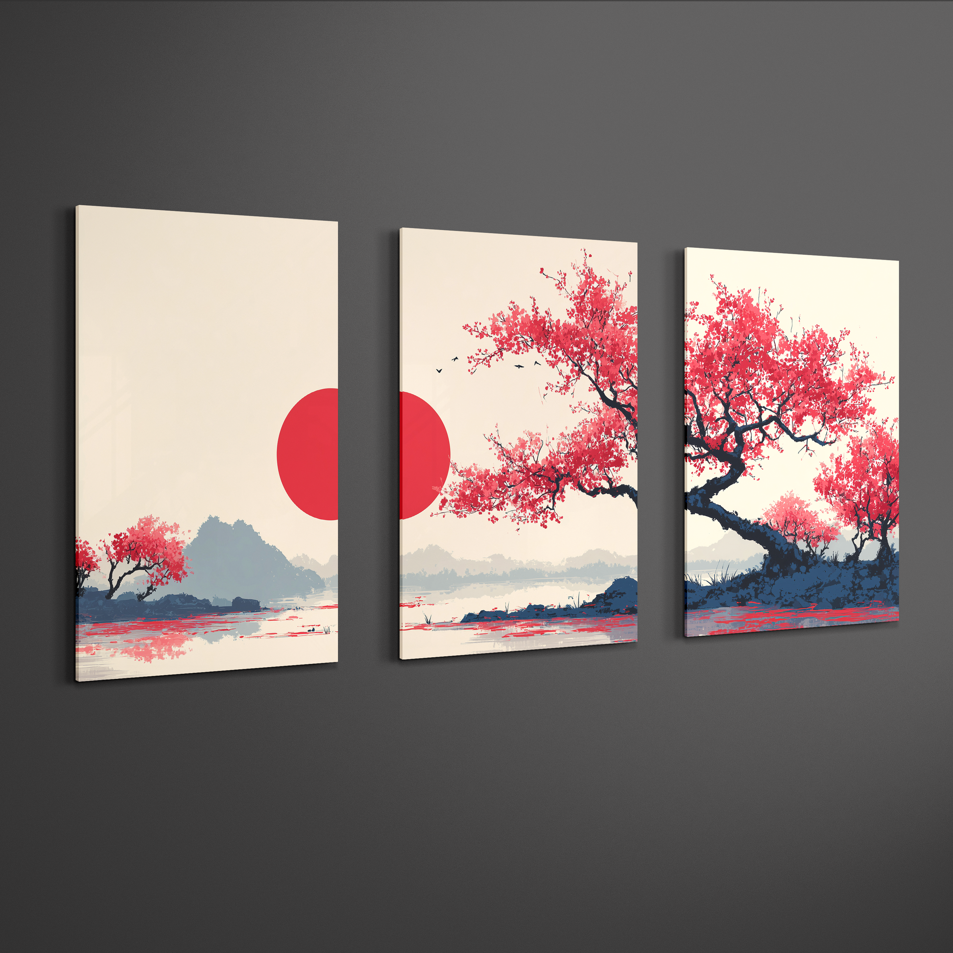 angled gallery perspective of japanese sakura sunset triptych wall art panels showing depth and spacing