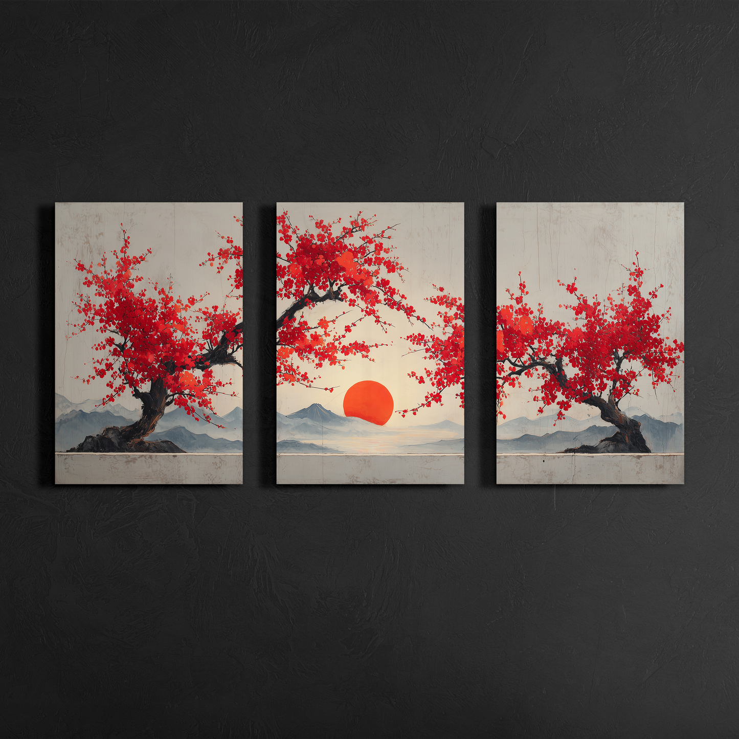 japanese sakura sunset landscape triptych wall art mounted on dark textured gallery wall
