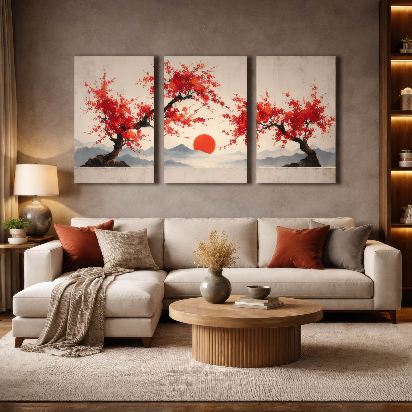 japanese sakura sunset triptych wall art displayed above beige sofa in luxury living room interior