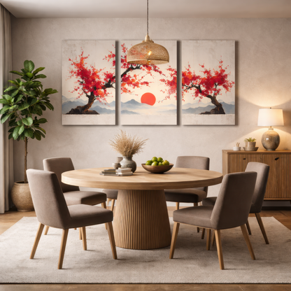 japanese sakura sunset triptych wall art displayed above round dining table in modern japandi dining room