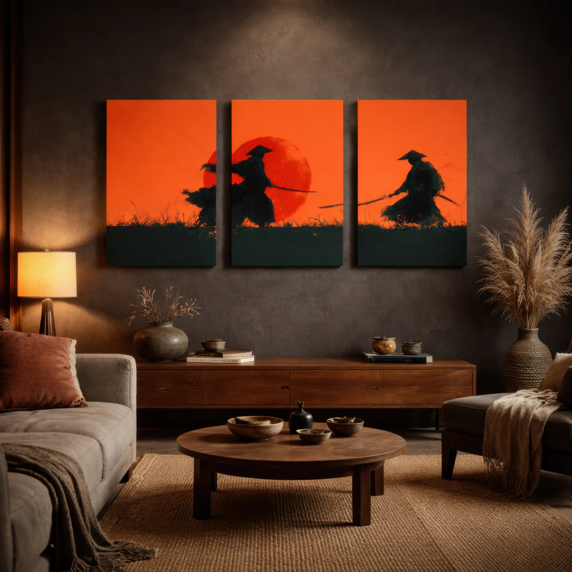 japanese samurai sunset triptych wall art displayed above console in modern living room
