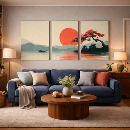 japanese sunset lake pagoda triptych wall art installed above sofa in warm modern living room