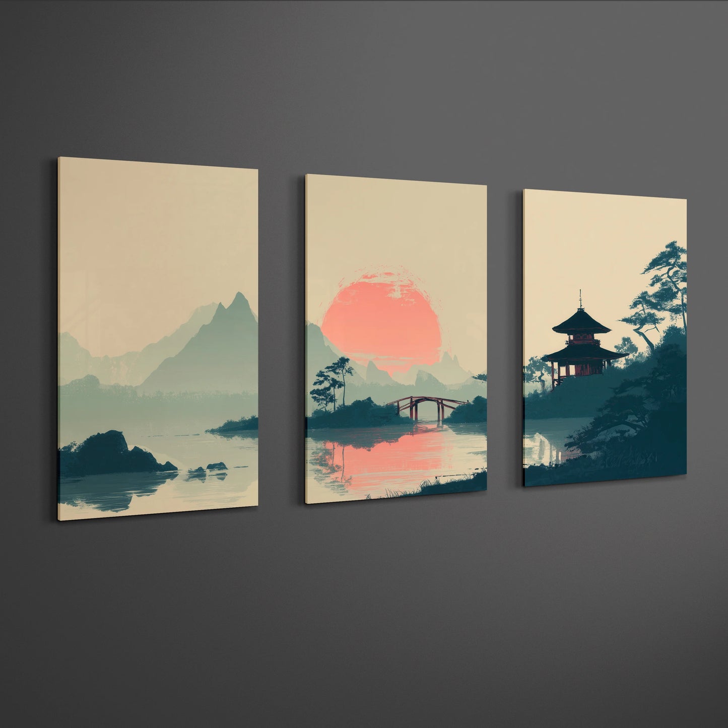 angled perspective of japanese sunset landscape wall art triptych showing three panel composition
