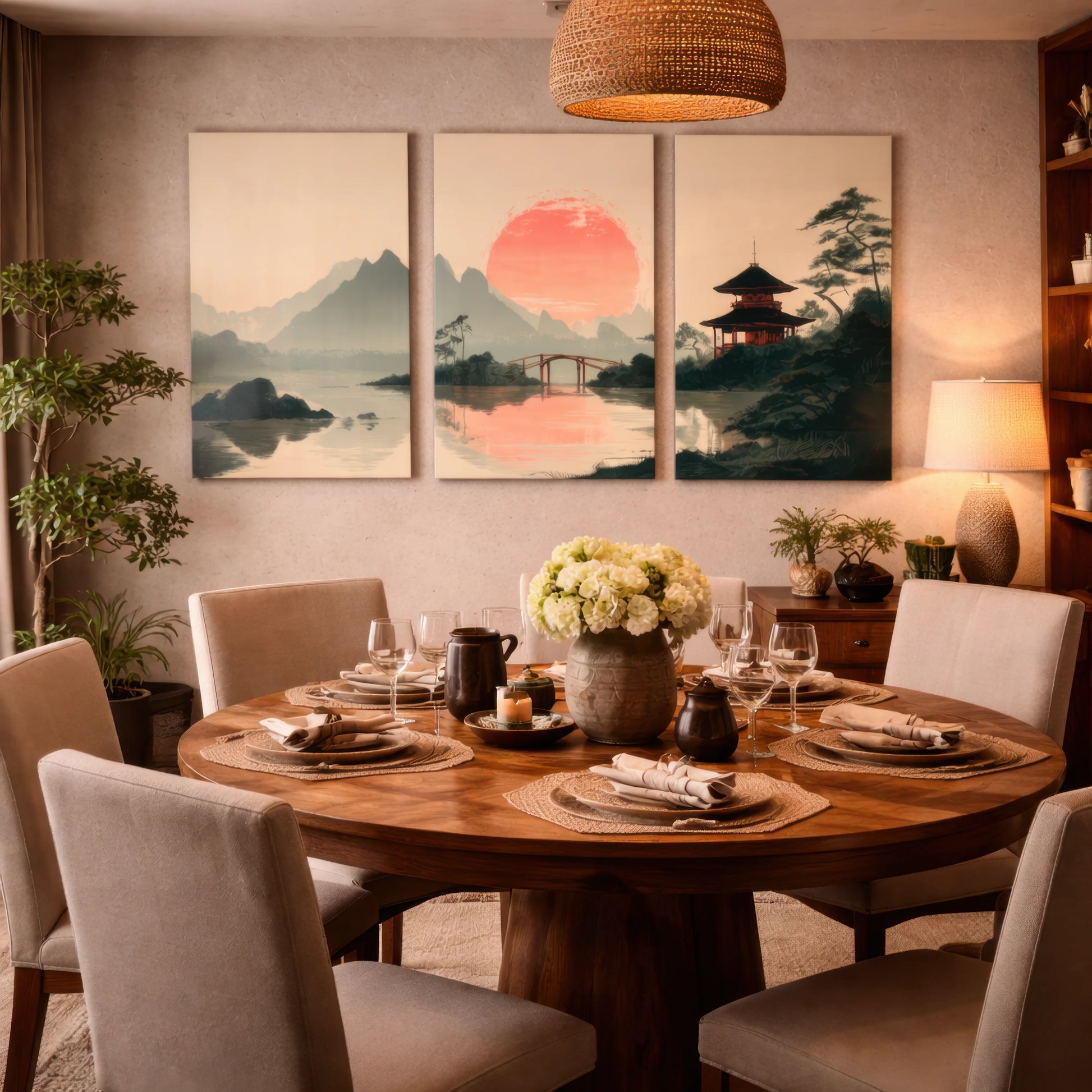japanese sunset landscape wall art triptych displayed above dining table in warm dining room interior