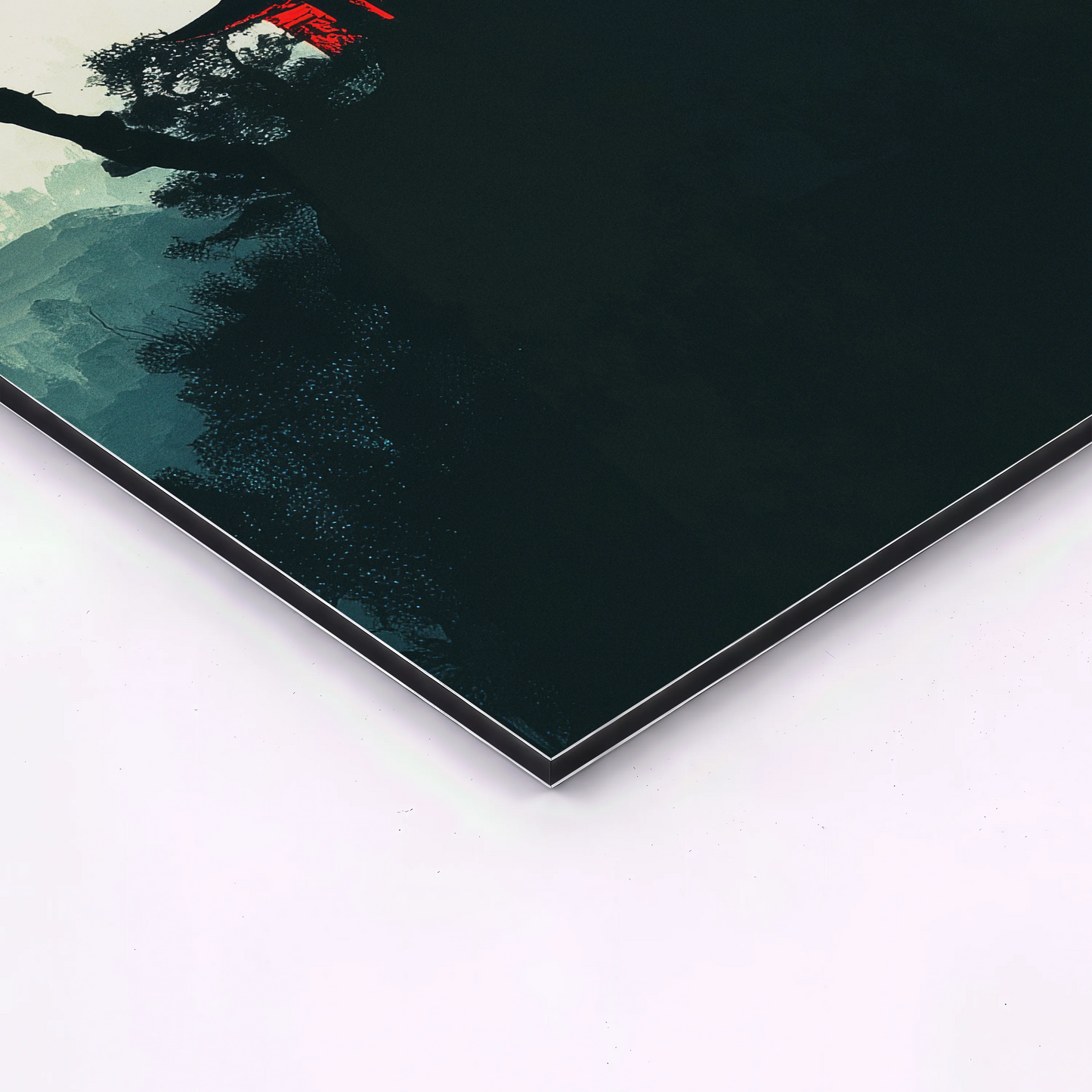 close up corner of japanese sunset mountain artwork printed on aluminum panel showing metal edge and texture