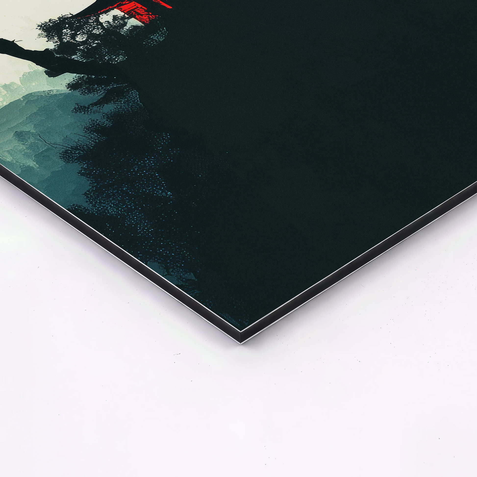 close up corner of japanese sunset mountain artwork printed on aluminum panel showing metal edge and texture