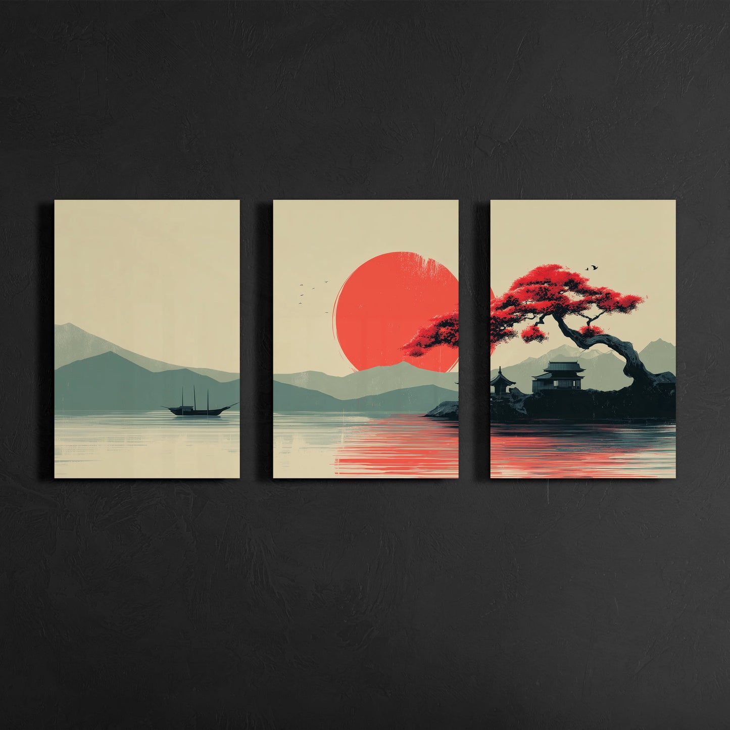 japanese sunset pagoda and red tree triptych wall art displayed on dark gallery wall