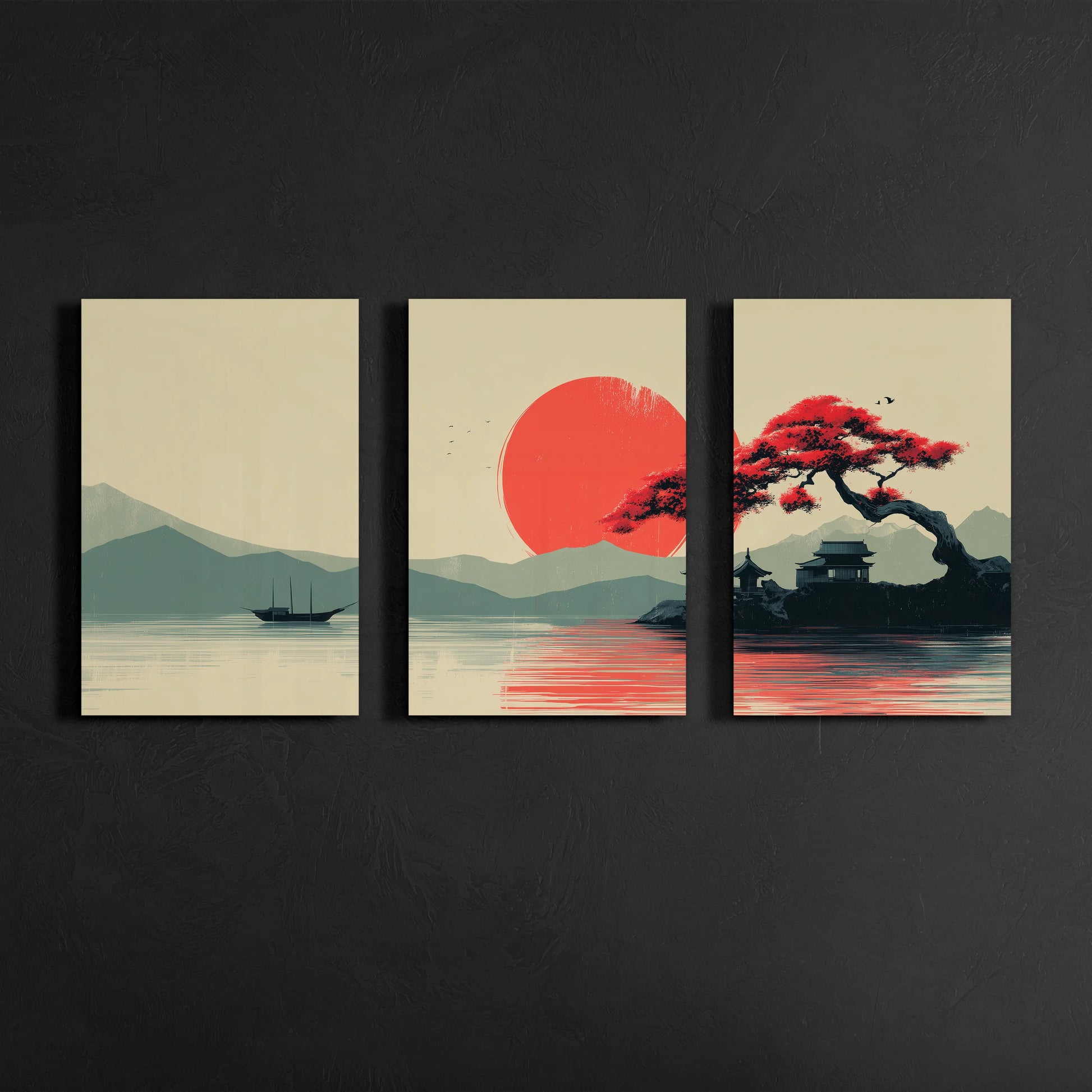 japanese sunset pagoda and red tree triptych wall art displayed on dark gallery wall