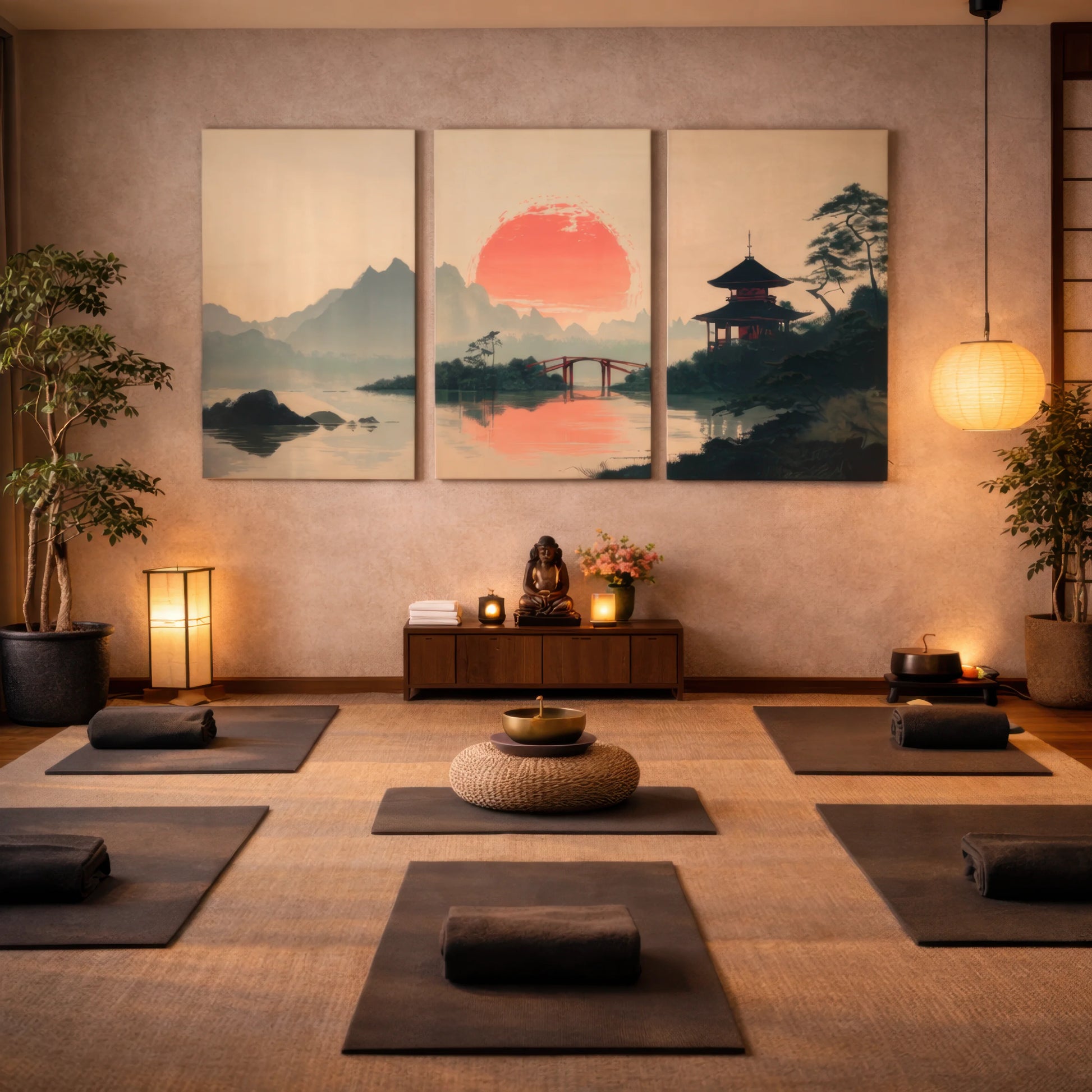 japanese zen landscape wall art triptych displayed in meditation studio interior with tatami mats