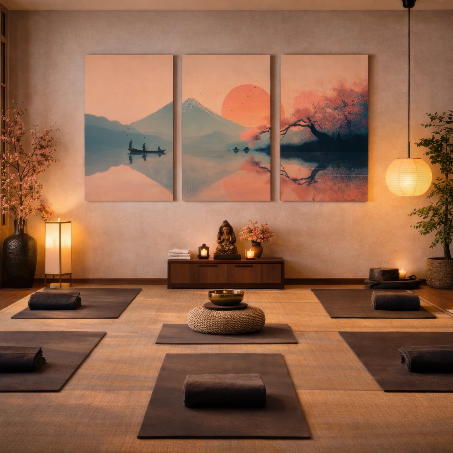 japanese zen meditation room interior with mount fuji sunset triptych wall art on wall