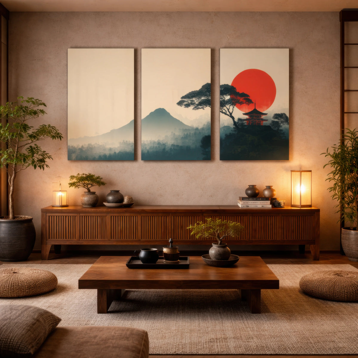 japanese zen sunset landscape triptych wall art displayed in calm japandi living room interior