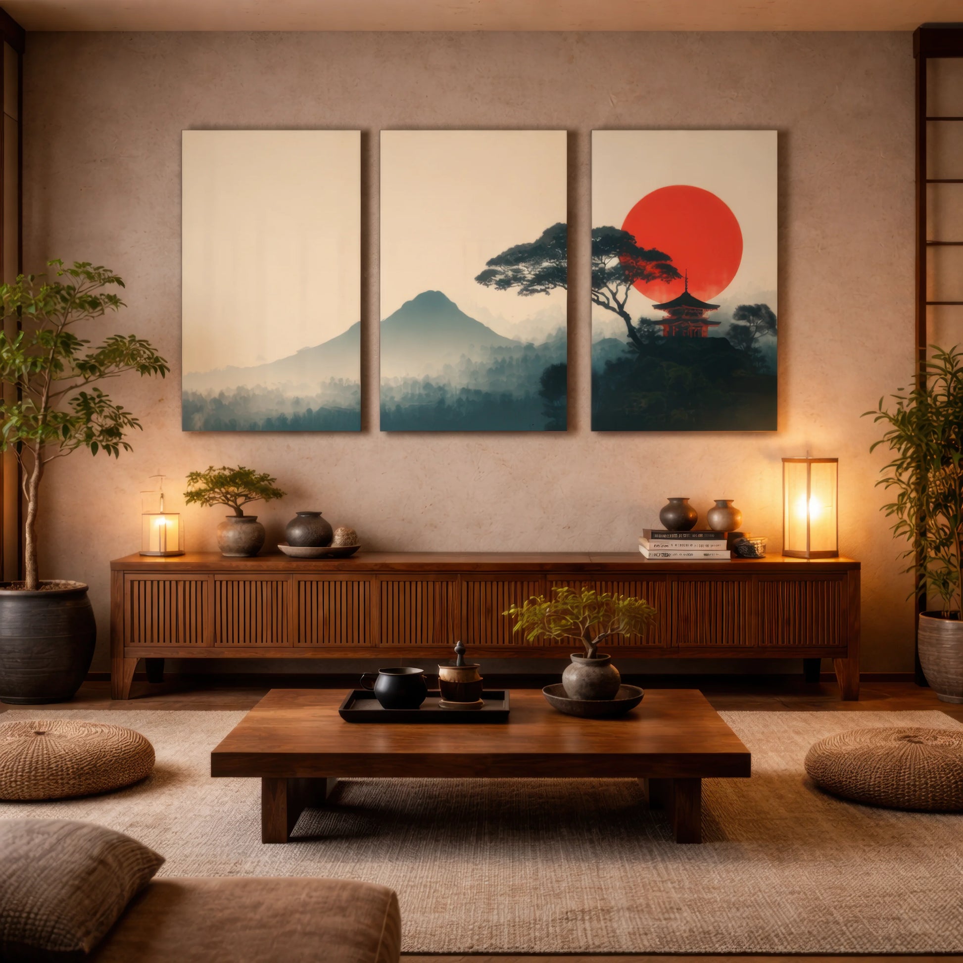 japanese zen sunset landscape triptych wall art displayed in calm japandi living room interior