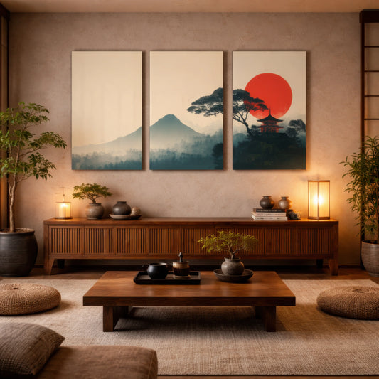 japanese zen sunset landscape triptych wall art displayed in calm japandi living room interior