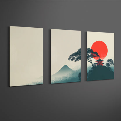 angled perspective of japanese triptych wall art with mountain silhouette and red sun composition