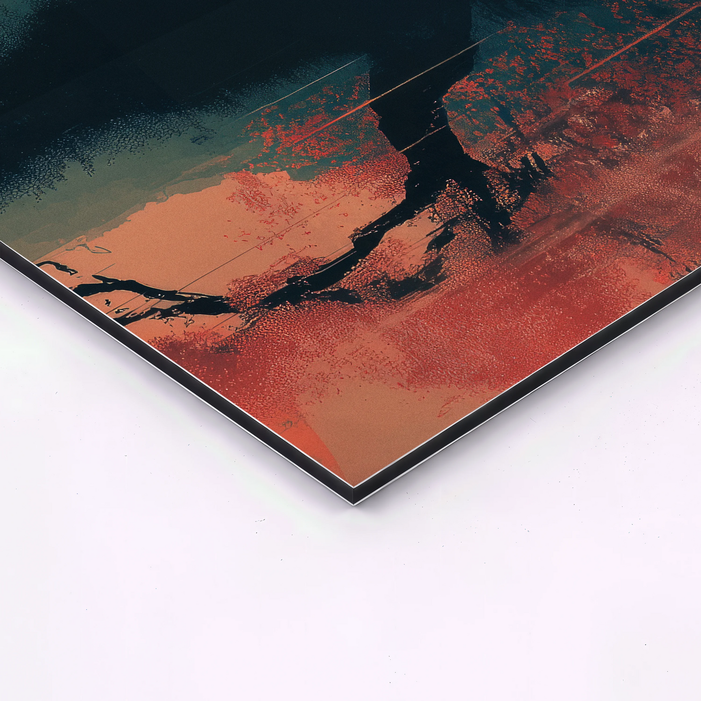 close view of mount fuji sunset triptych artwork printed on aluminum showing metal edge and textured surface