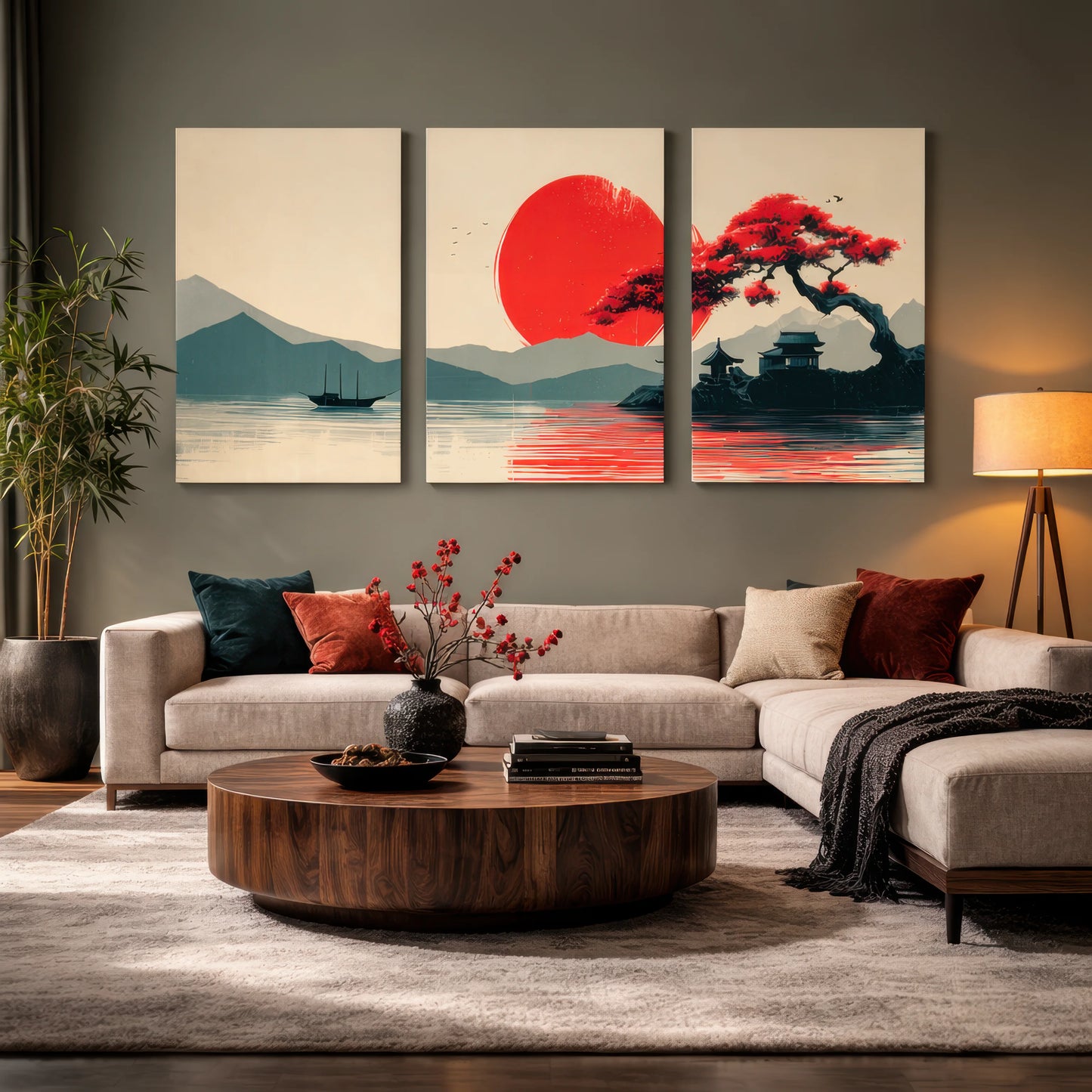 japanese mountain lake red sun triptych wall art displayed in modern luxury living room
