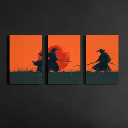 samurai silhouette wall art triptych displayed on dark textured gallery wall background