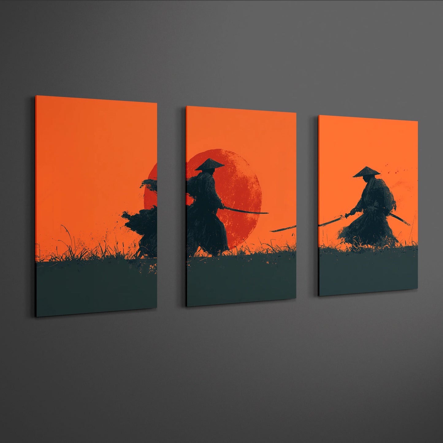 angled gallery perspective of samurai sunset triptych wall art showing depth of three panels