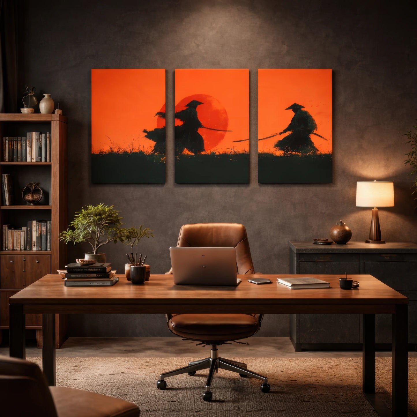 samurai silhouette wall art triptych with red sun displayed in modern home office interior