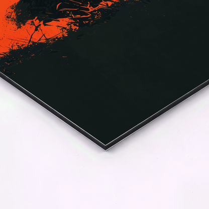 corner detail of samurai triptych aluminum wall art showing metal print edge and surface