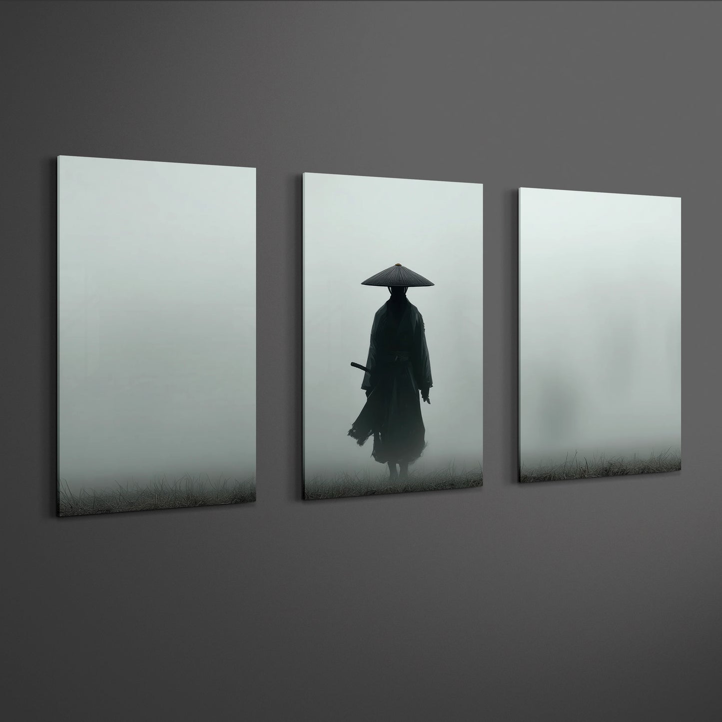 angled gallery perspective of samurai wall art triptych showing three panel layout