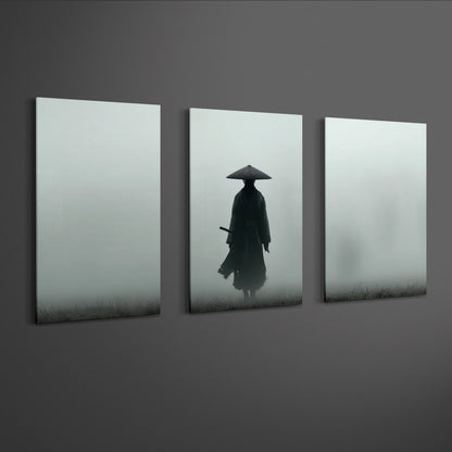 angled gallery perspective of samurai wall art triptych showing three panel layout