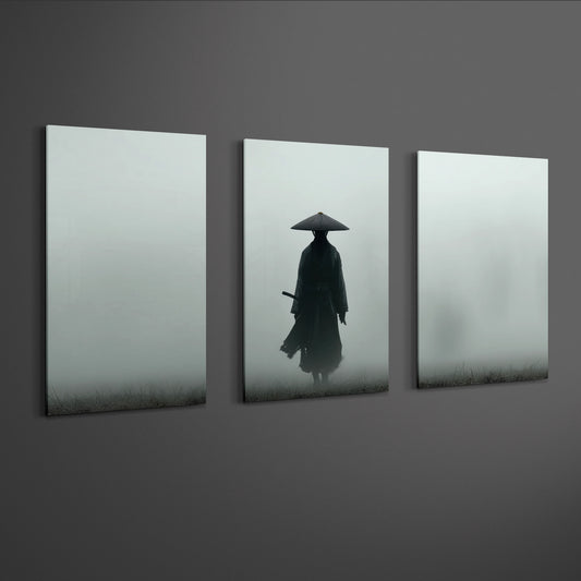 angled gallery perspective of samurai wall art triptych showing three panel layout