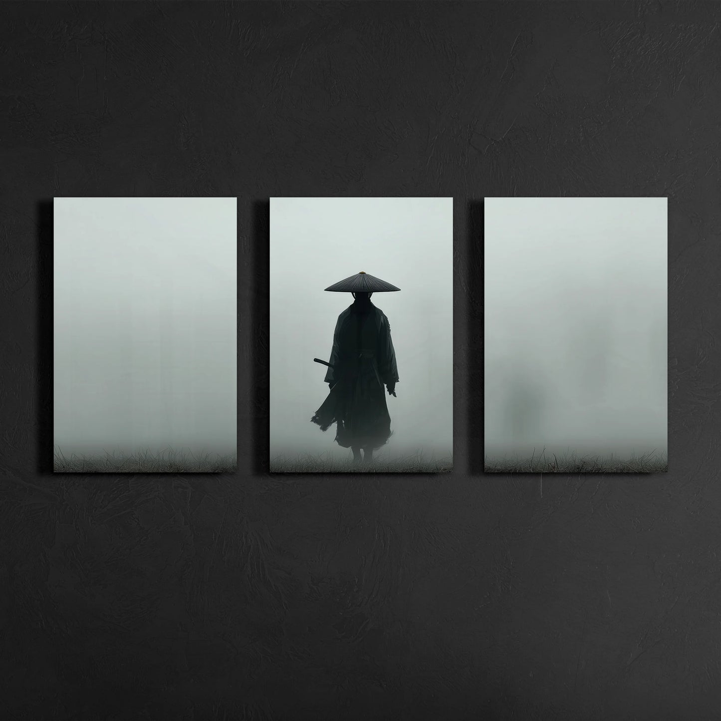 minimal samurai wall art triptych displayed above console in dark japandi living room