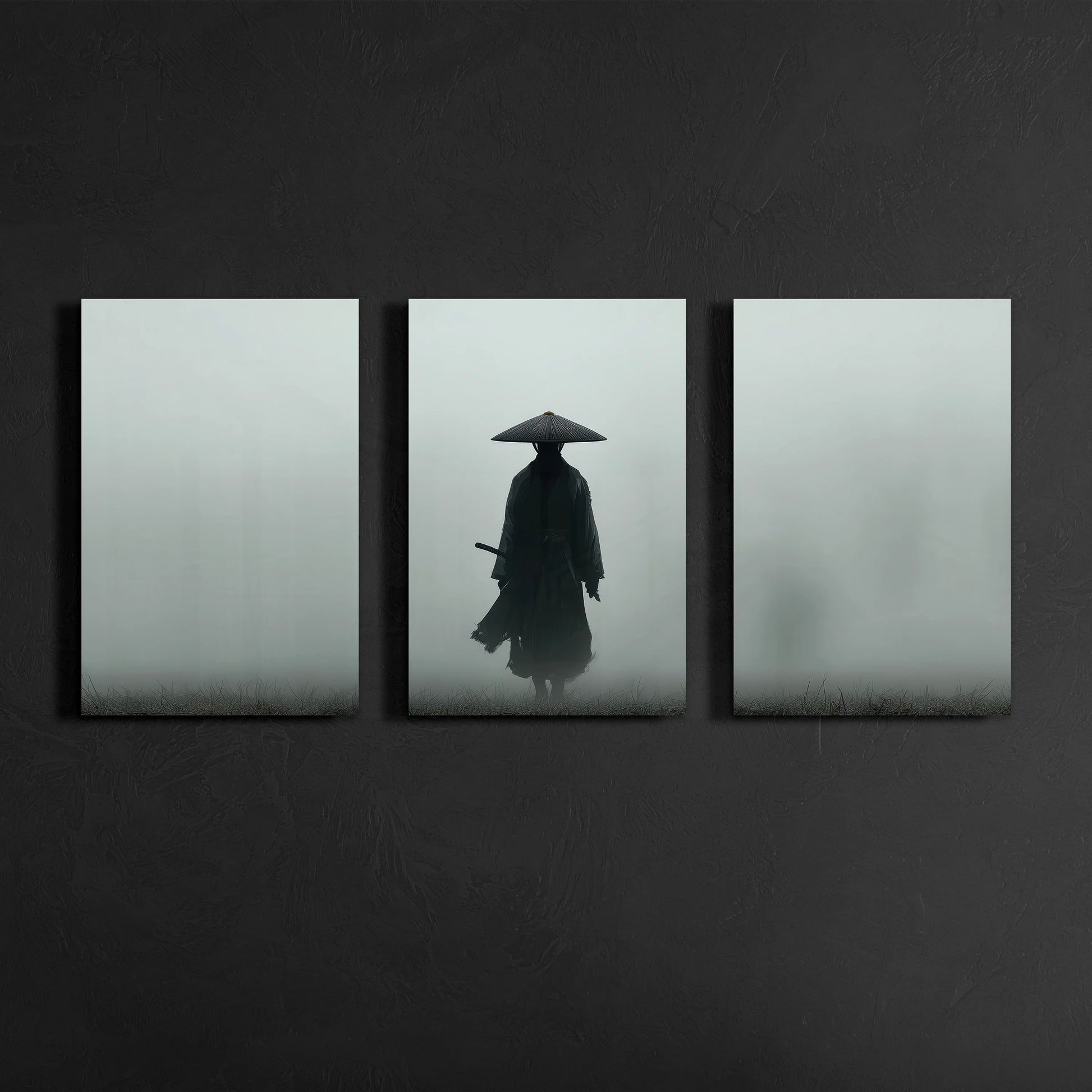 minimal samurai wall art triptych displayed above console in dark japandi living room