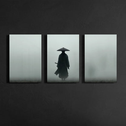 minimal samurai wall art triptych displayed above console in dark japandi living room