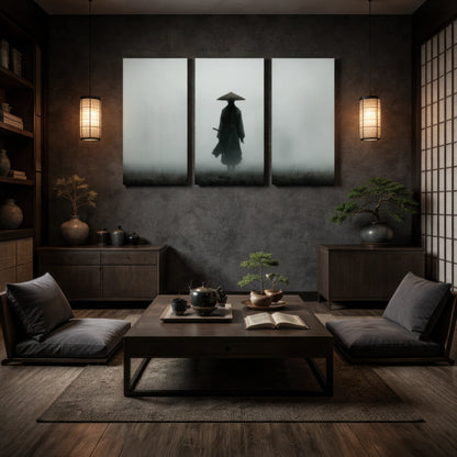 samurai wall art triptych displayed in japanese zen inspired interior with tatami seating