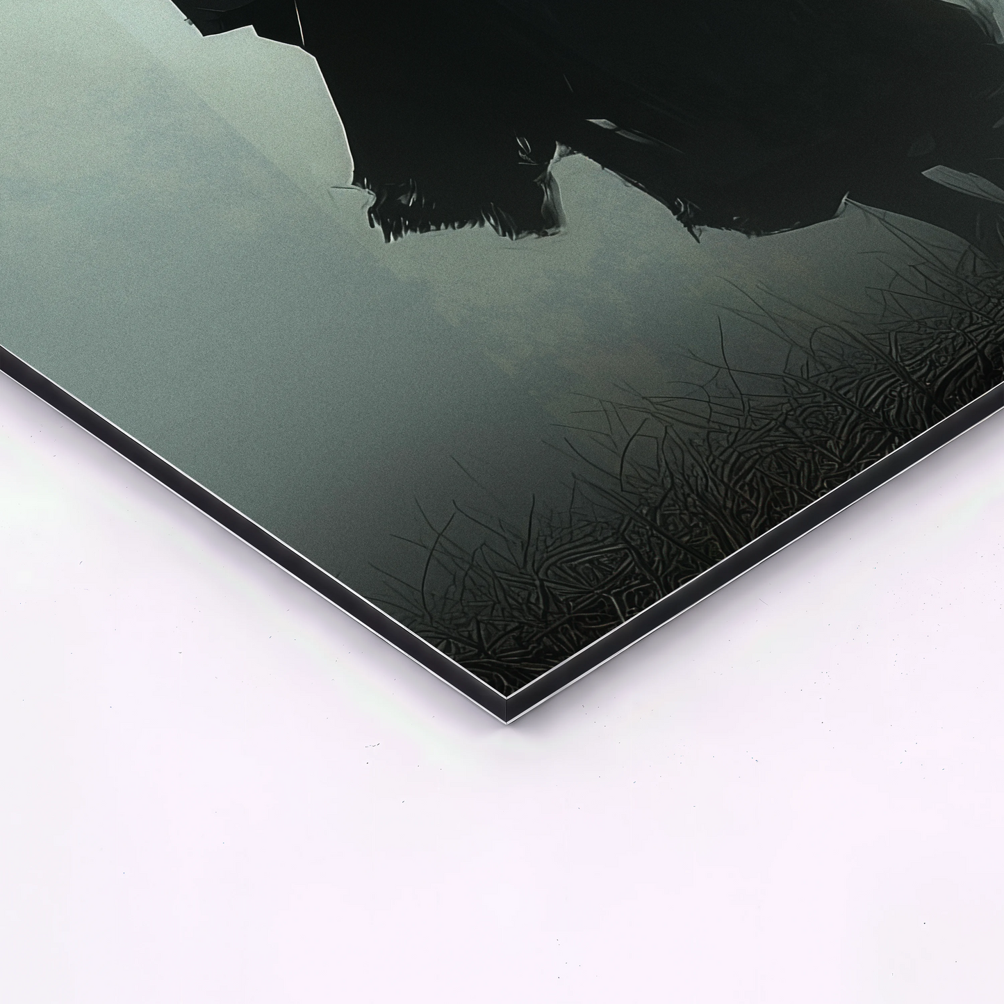 close up corner of samurai wall art aluminum print showing metal edge and matte surface