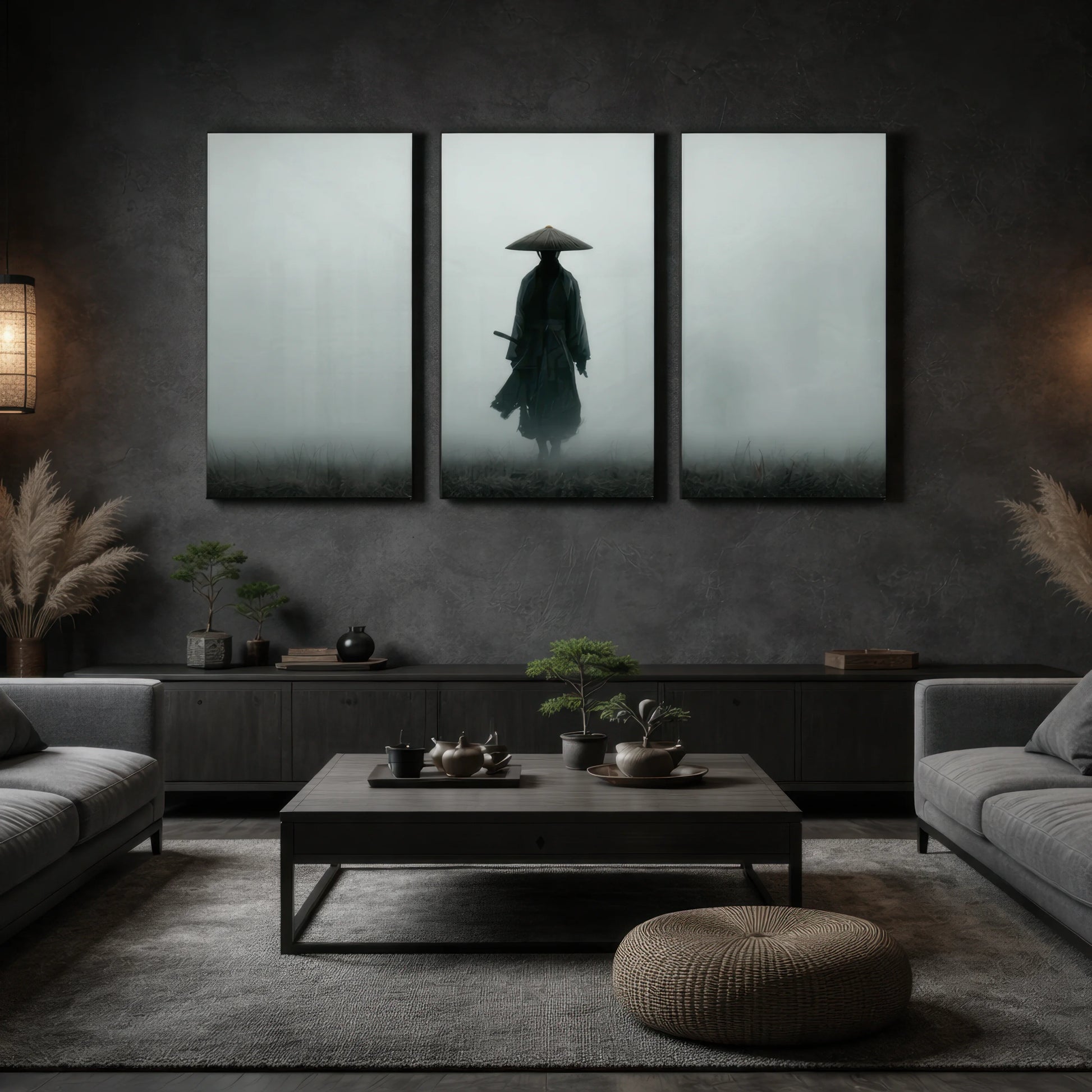 samurai wall art triptych displayed in modern luxury living room interior