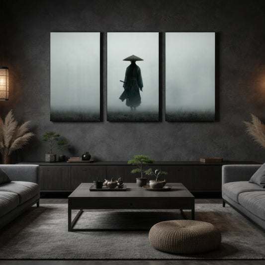 samurai wall art triptych displayed in modern luxury living room interior
