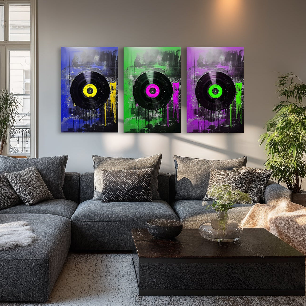 Aluminum print of triptych vinyl record wall art set in contemporary space