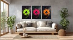 Framed triptych vinyl record posters with metal frame in studio setting